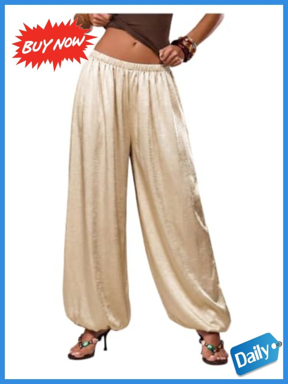 Satin Balloon Pants Elastic Low Rise Wide Leg Joggers Loose Fit Trousers